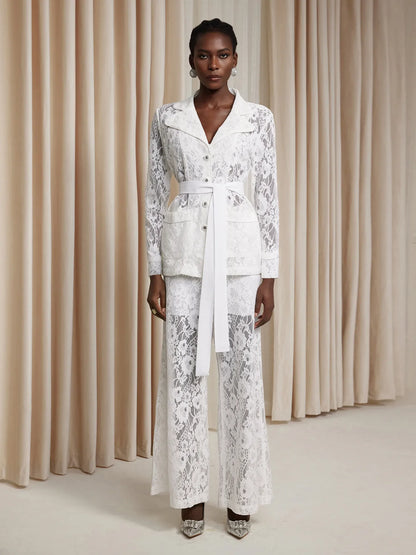 White Floral Sheer Lace-Up Two-Piece Set