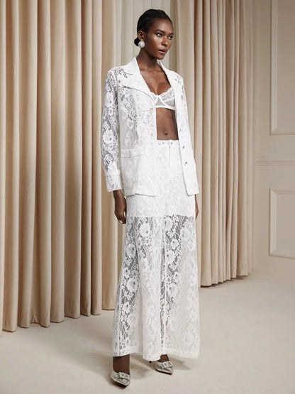 White Floral Sheer Lace-Up Two-Piece Set
