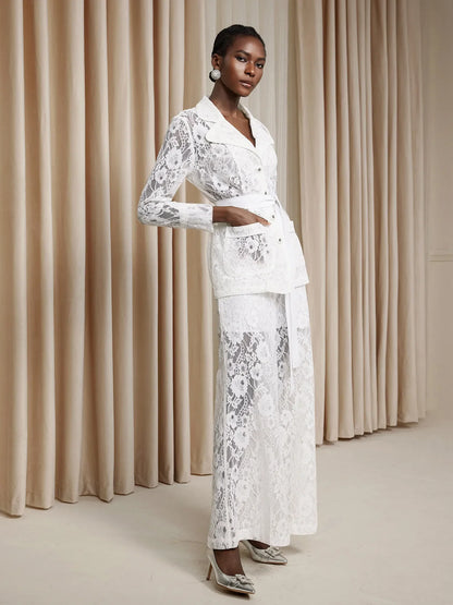 White Floral Sheer Lace-Up Two-Piece Set