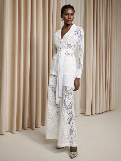 White Floral Sheer Lace-Up Two-Piece Set