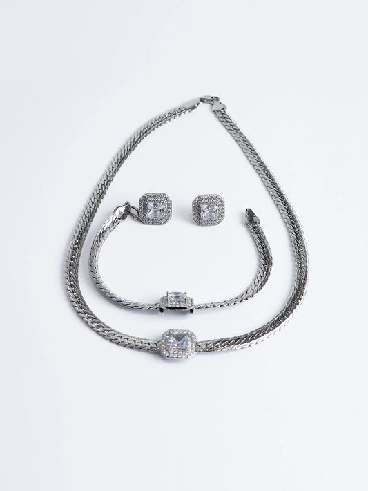 White Gold Bracelet Necklace and Earrings Set
