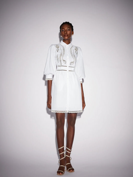 White High Neck Hollow-Out Patterned Mini Dress