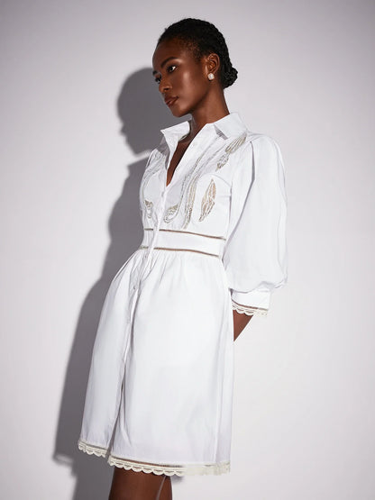 White High Neck Hollow-Out Patterned Mini Dress