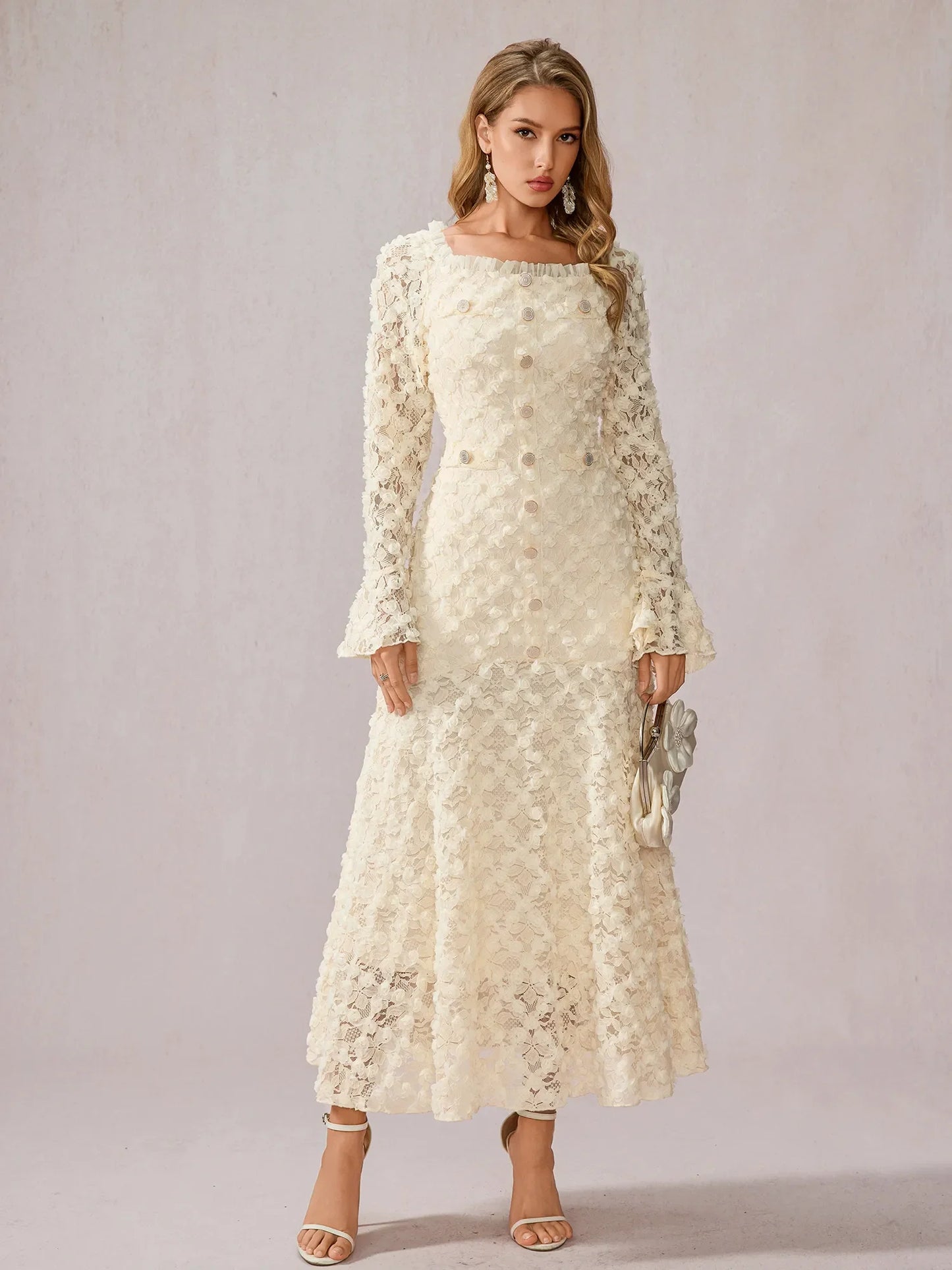 White Patchwork Square Neck Midi Dress