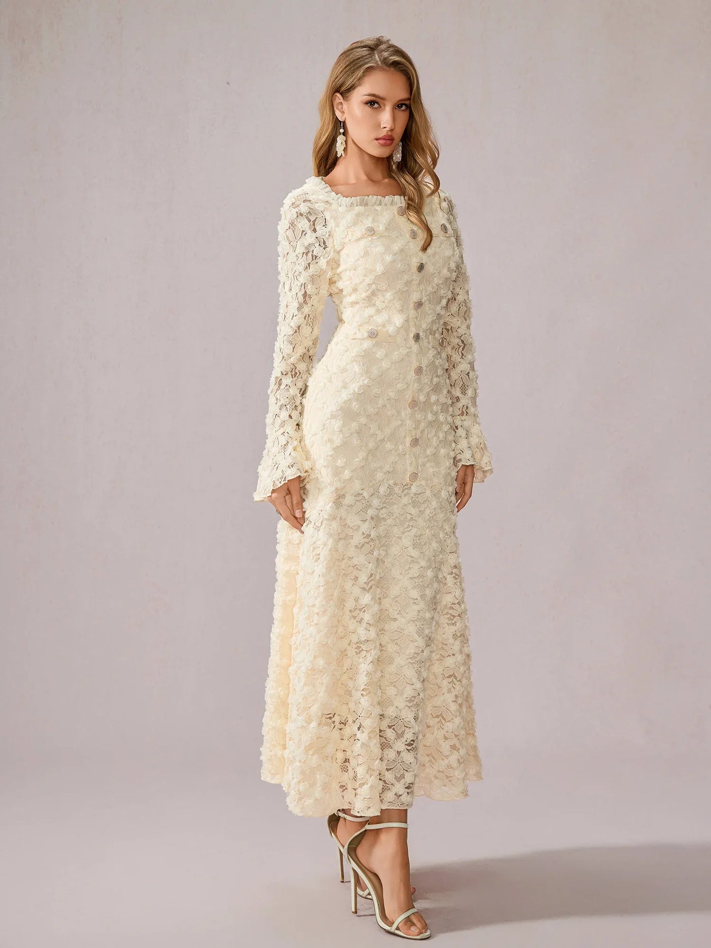 White Patchwork Square Neck Midi Dress