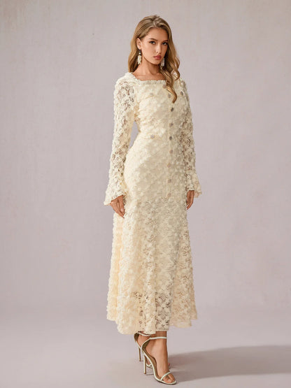 White Patchwork Square Neck Midi Dress