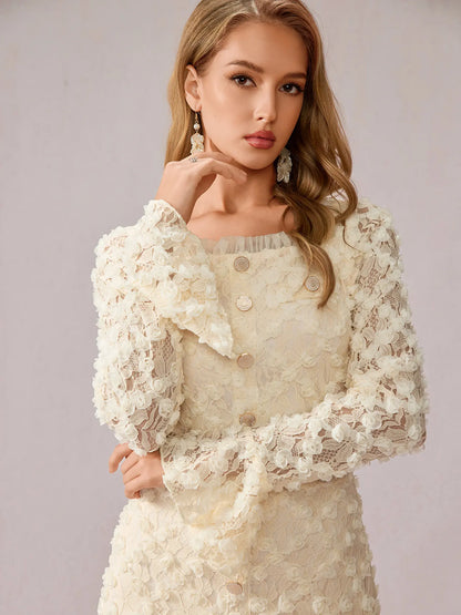 White Patchwork Square Neck Midi Dress