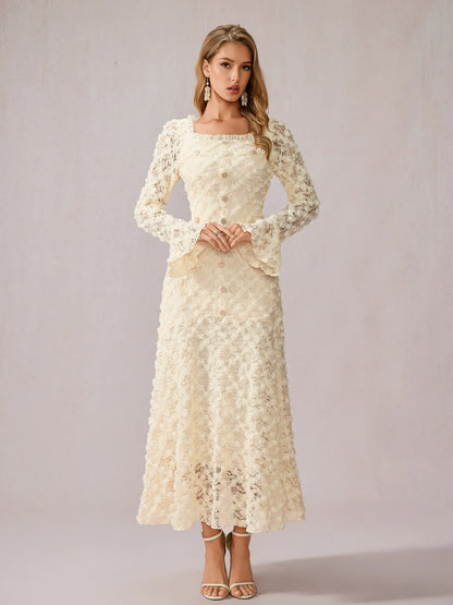 White Patchwork Square Neck Midi Dress
