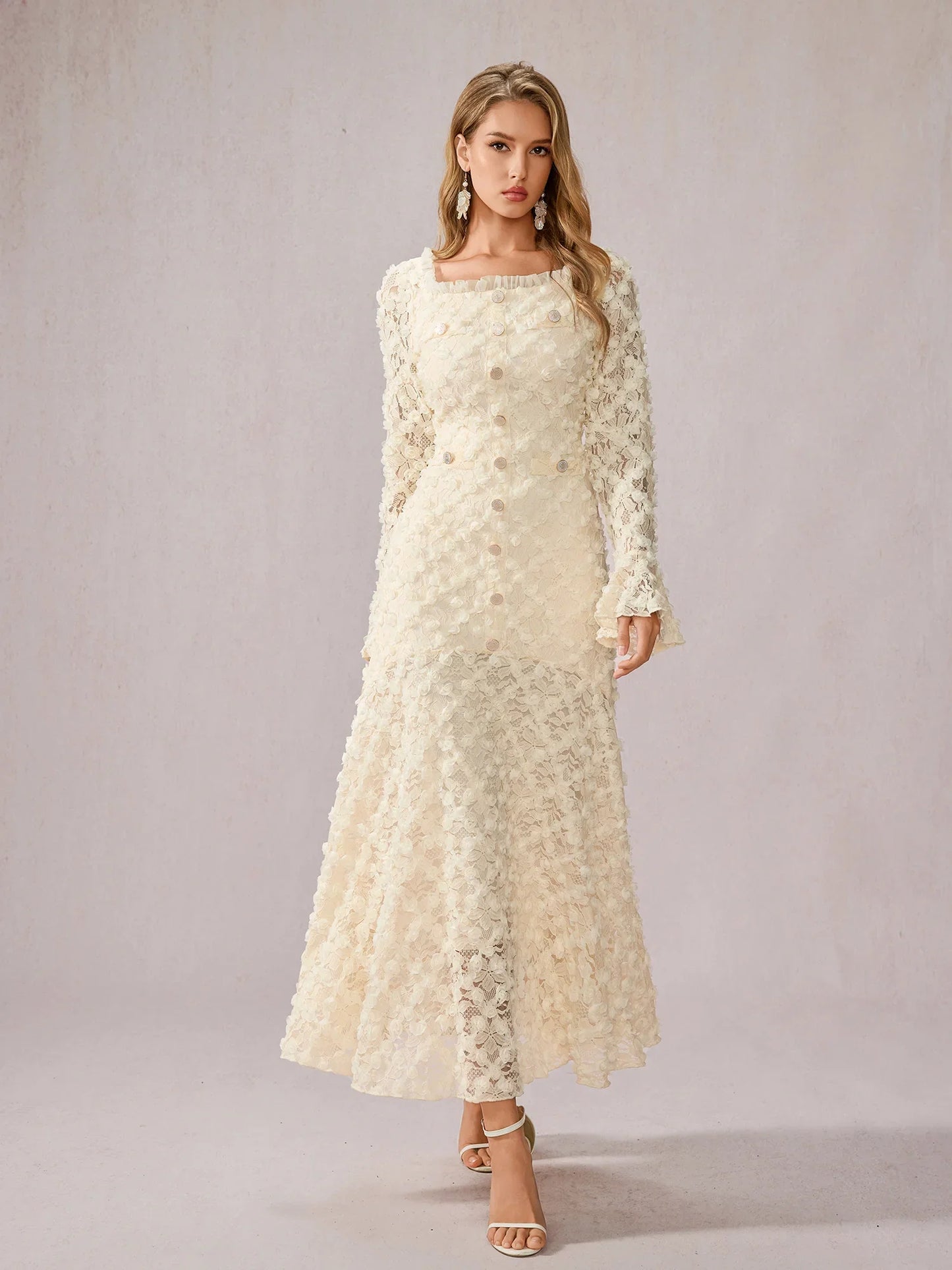 White Patchwork Square Neck Midi Dress