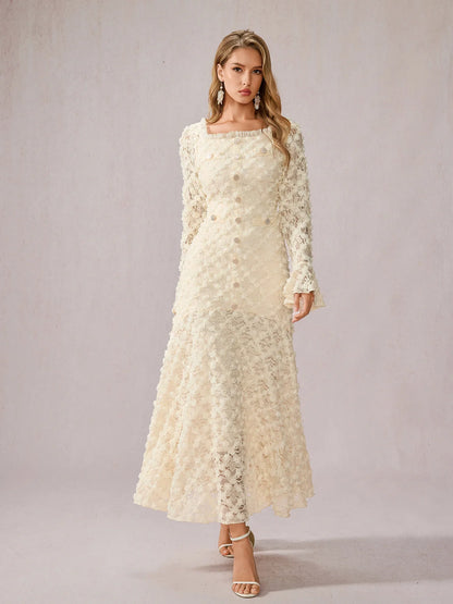 White Patchwork Square Neck Midi Dress