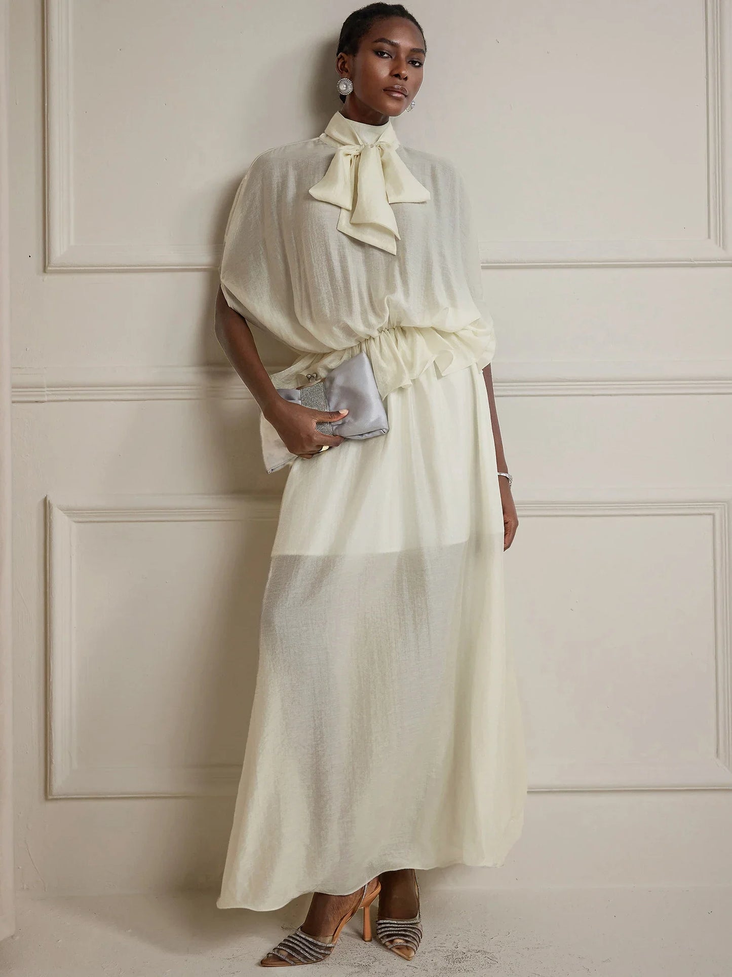 White Ruched Tie-Front Maxi Dress