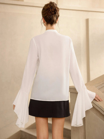 White Ruffle Front Flared Sleeve Blouse Tops