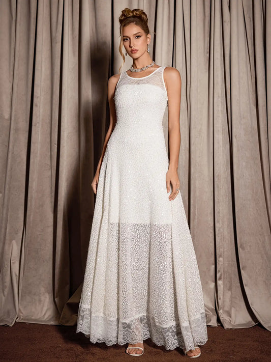 White Sequin Mesh Midi Dress