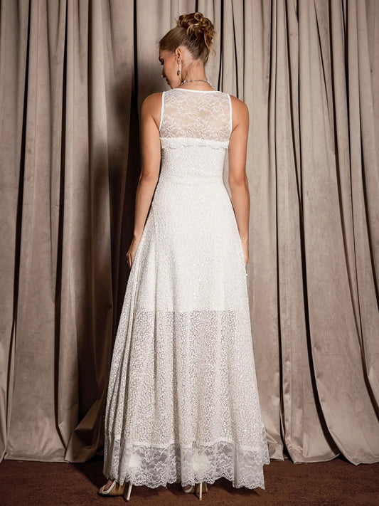 White Sequin Mesh Midi Dress