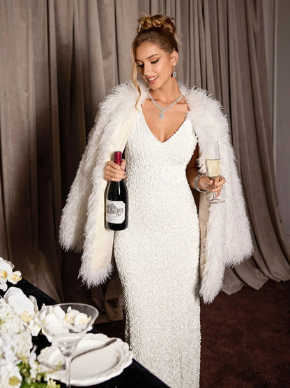 White Sleeveless Sparkly Evening Midi Dress