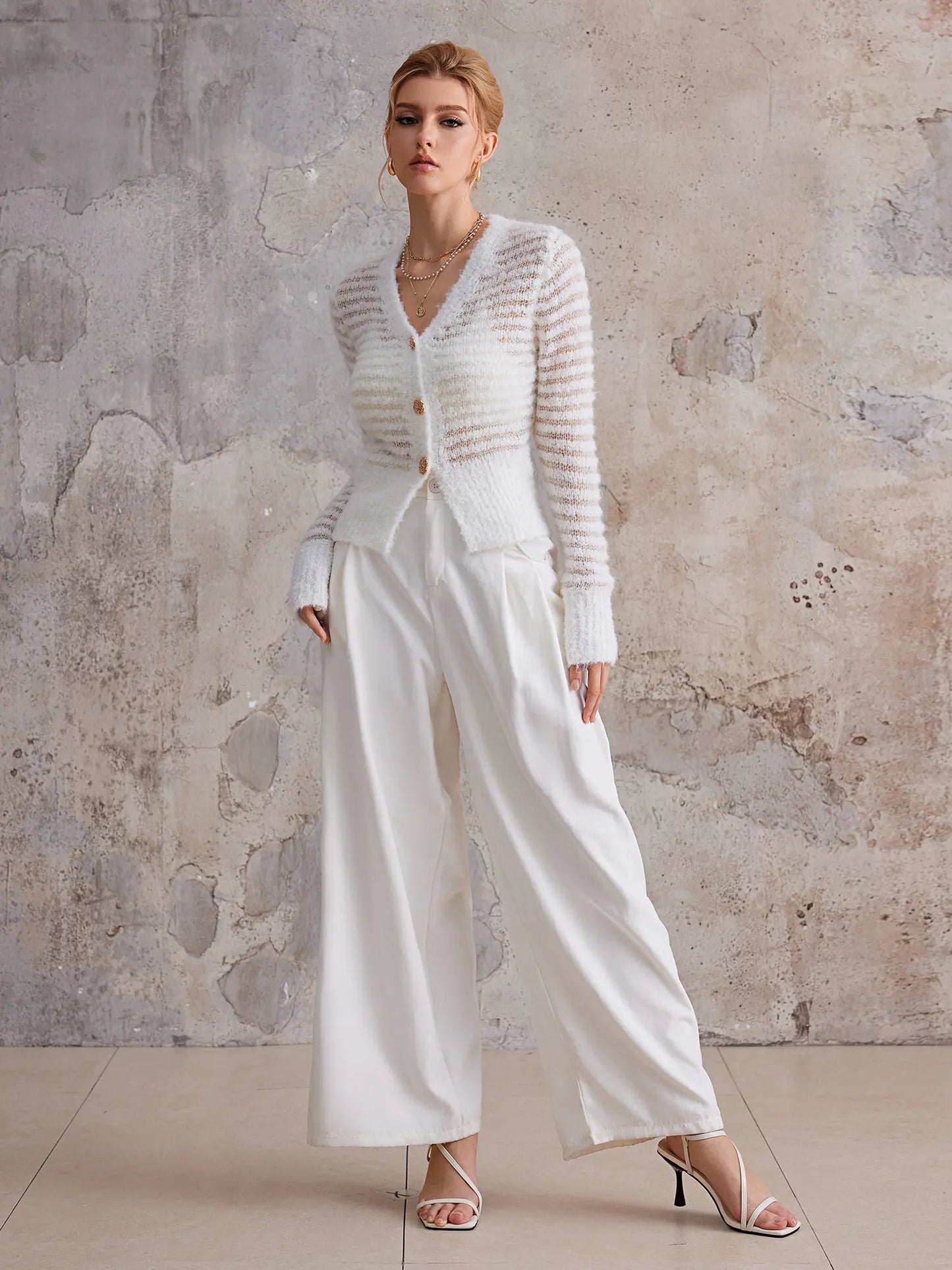White V-Neck Sheer Commuting Sweater