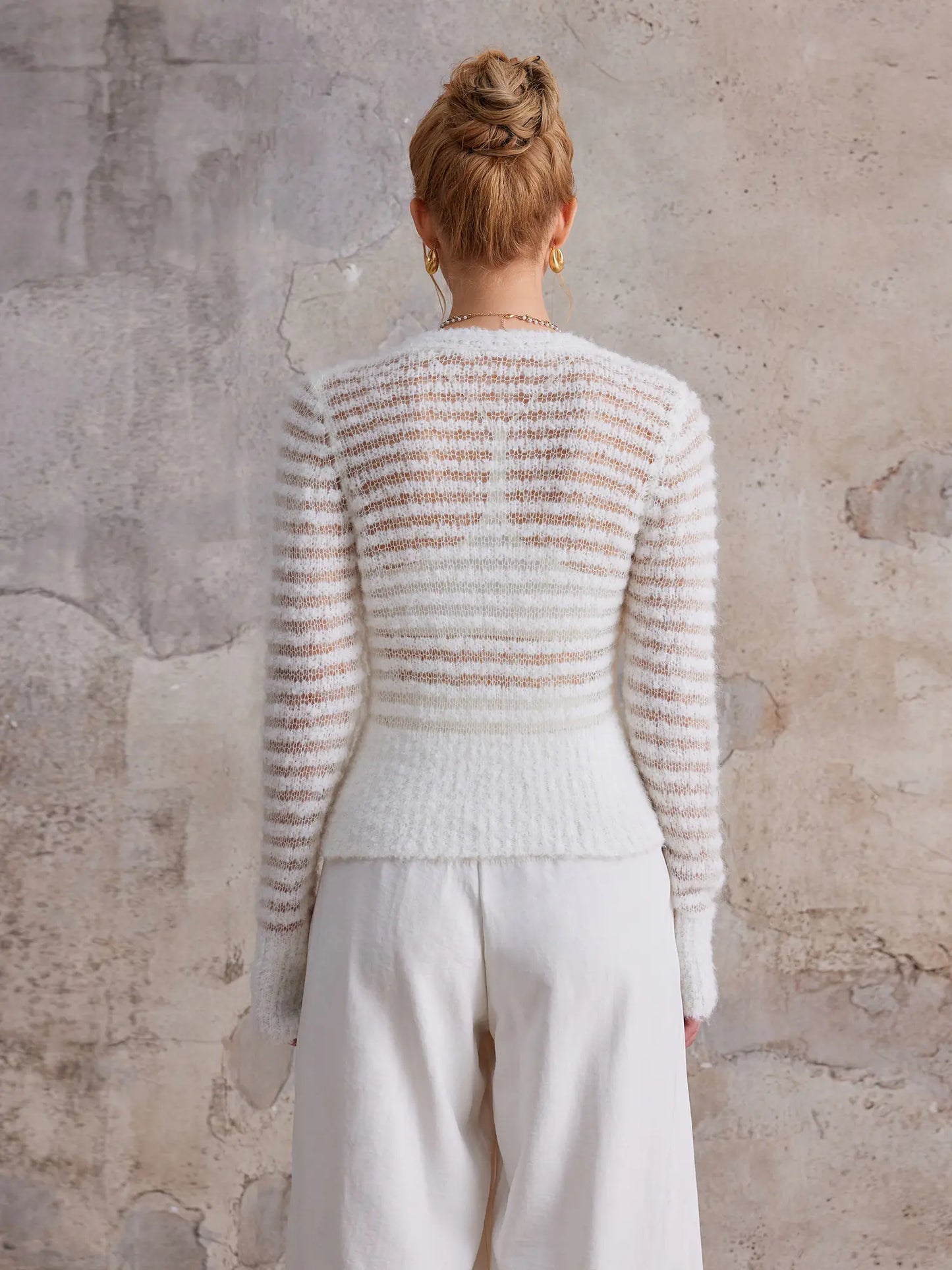 White V-Neck Sheer Commuting Sweater