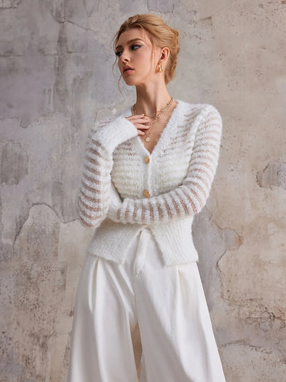 White V-Neck Sheer Commuting Sweater