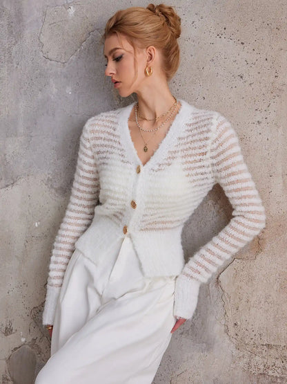 White V-Neck Sheer Commuting Sweater