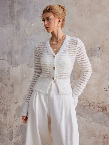 White V-Neck Sheer Commuting Sweater