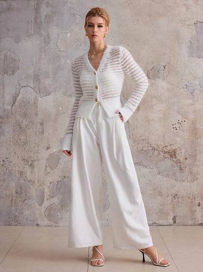White V-Neck Sheer Commuting Sweater