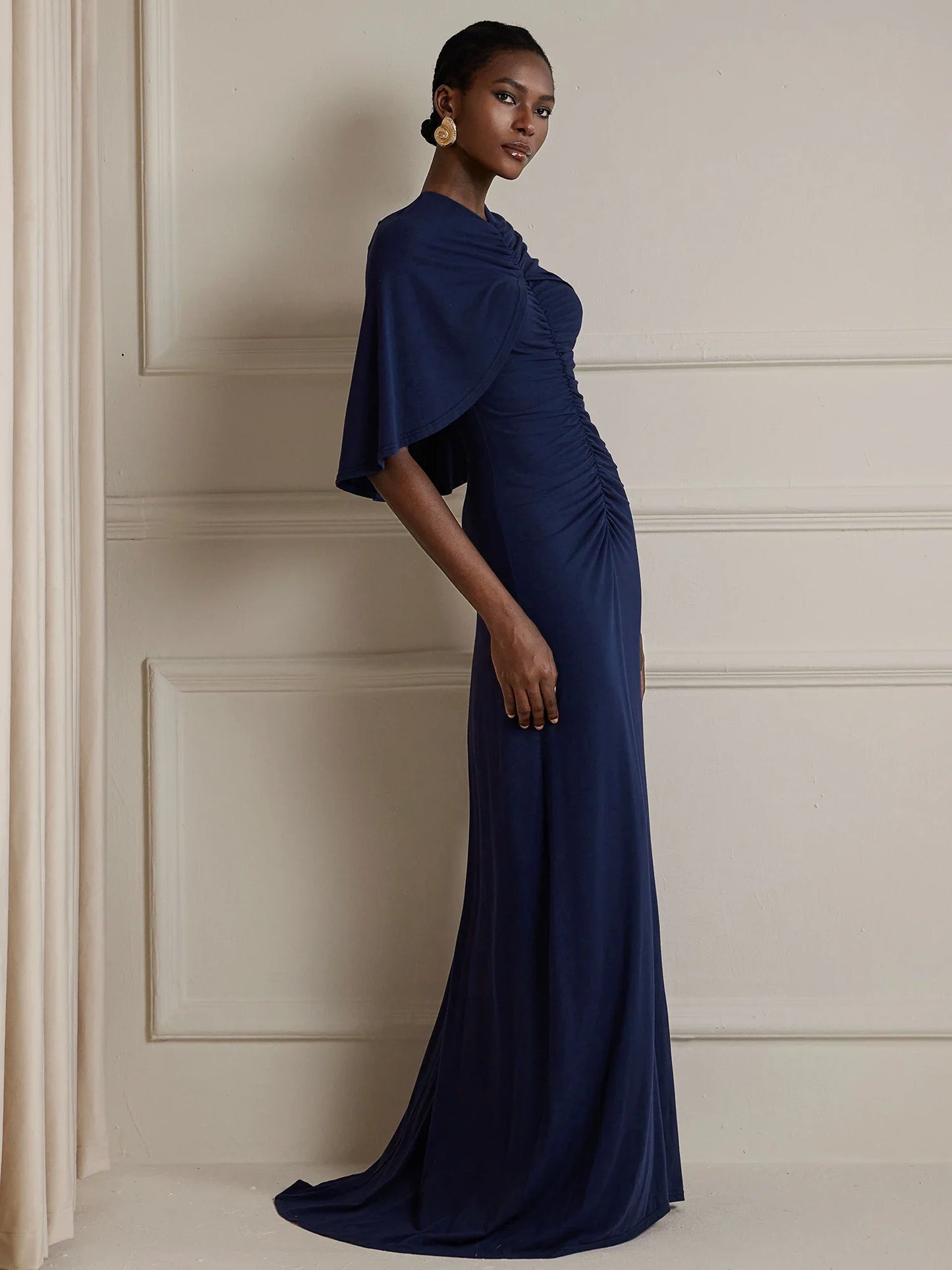 Wrap-around pleated fitted Maxi dress