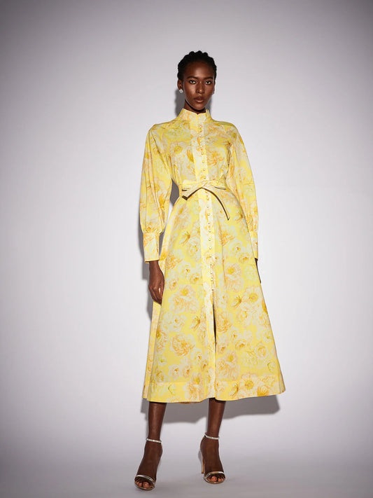 Yellow Floral Print Tie Waist Midi Dress