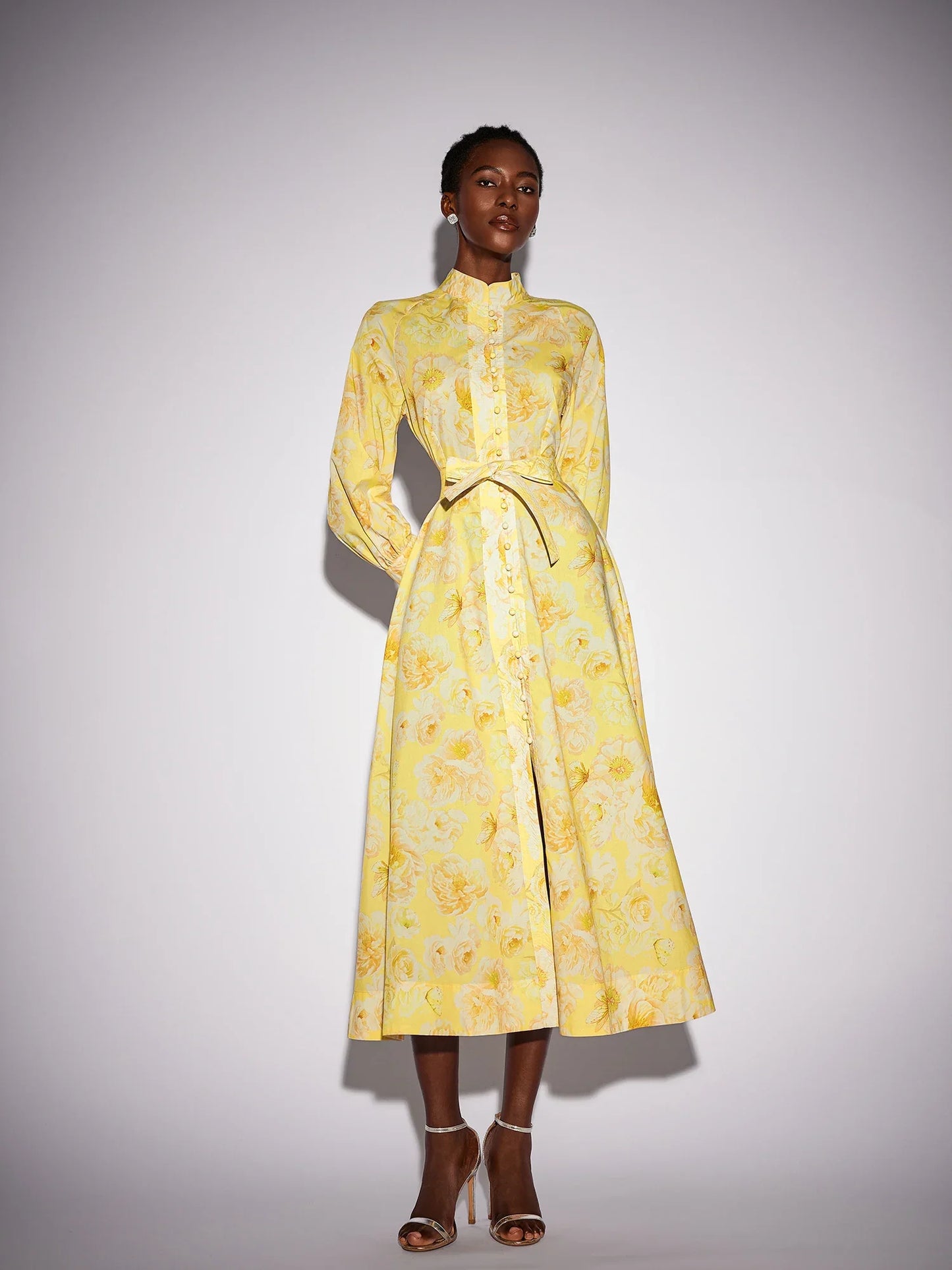 Yellow Floral Print Tie Waist Midi Dress