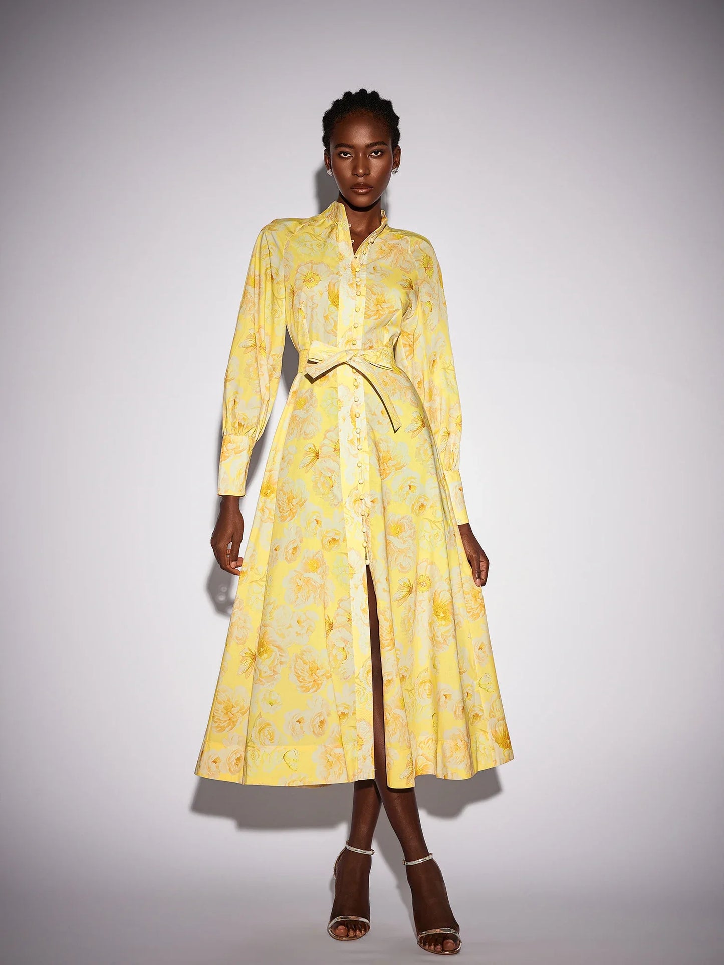 Yellow Floral Print Tie Waist Midi Dress