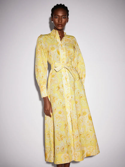 Yellow Floral Print Tie Waist Midi Dress