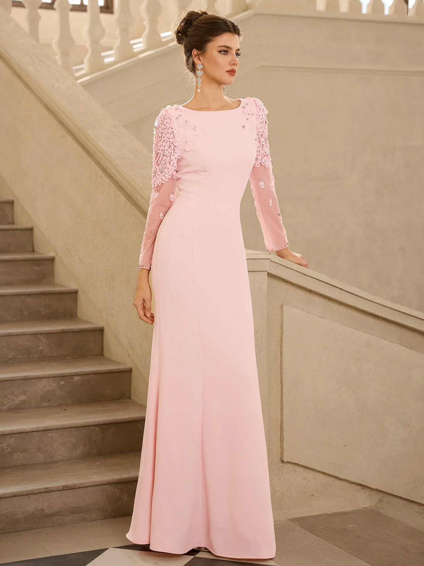 Pink Floral Mermaid Maxi Evening Dress