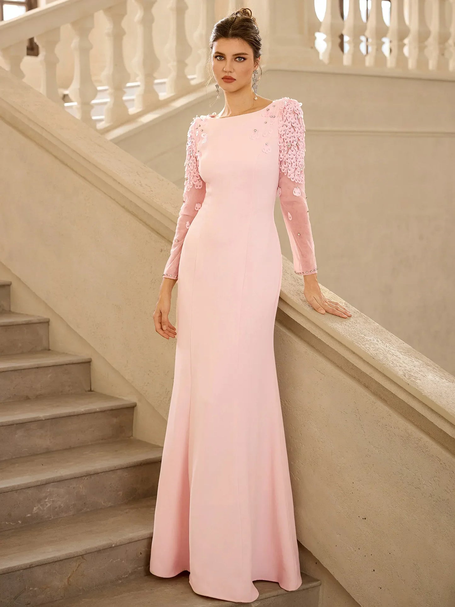 Pink Floral Mermaid Maxi Evening Dress